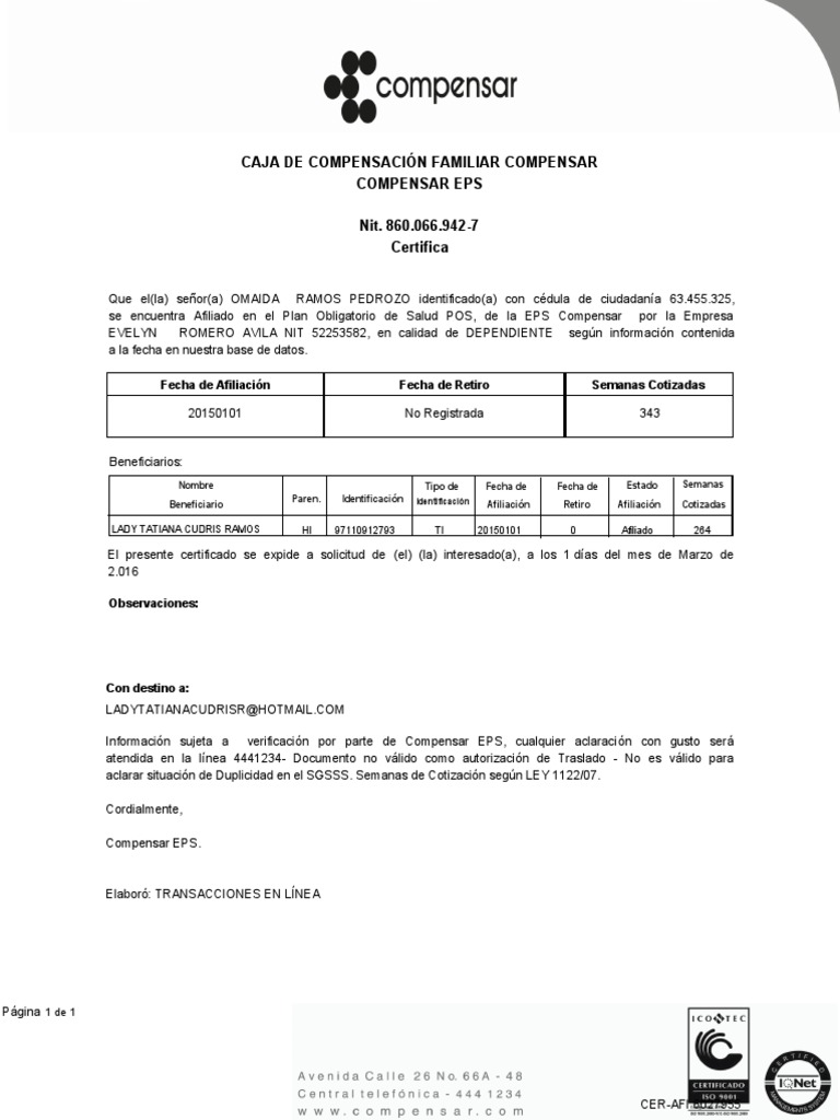 Compensar eps certificado de afiliacion