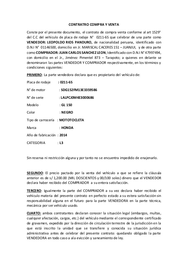 Contrato privado de compraventa de vehículo