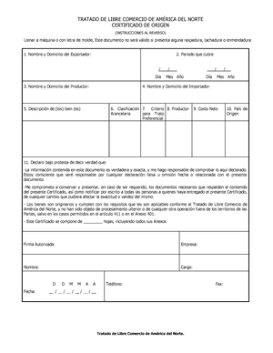 Certificado de origen ejemplo