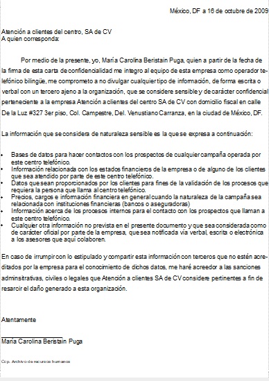 Contrato de confidencialidad para un empleado