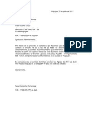 Carta fin de contrato de arriendo