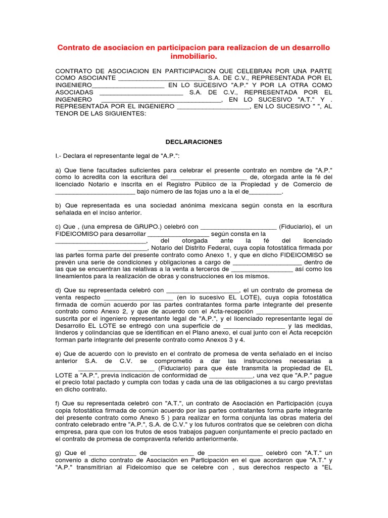 Contrato de asociacion en participacion inmobiliaria
