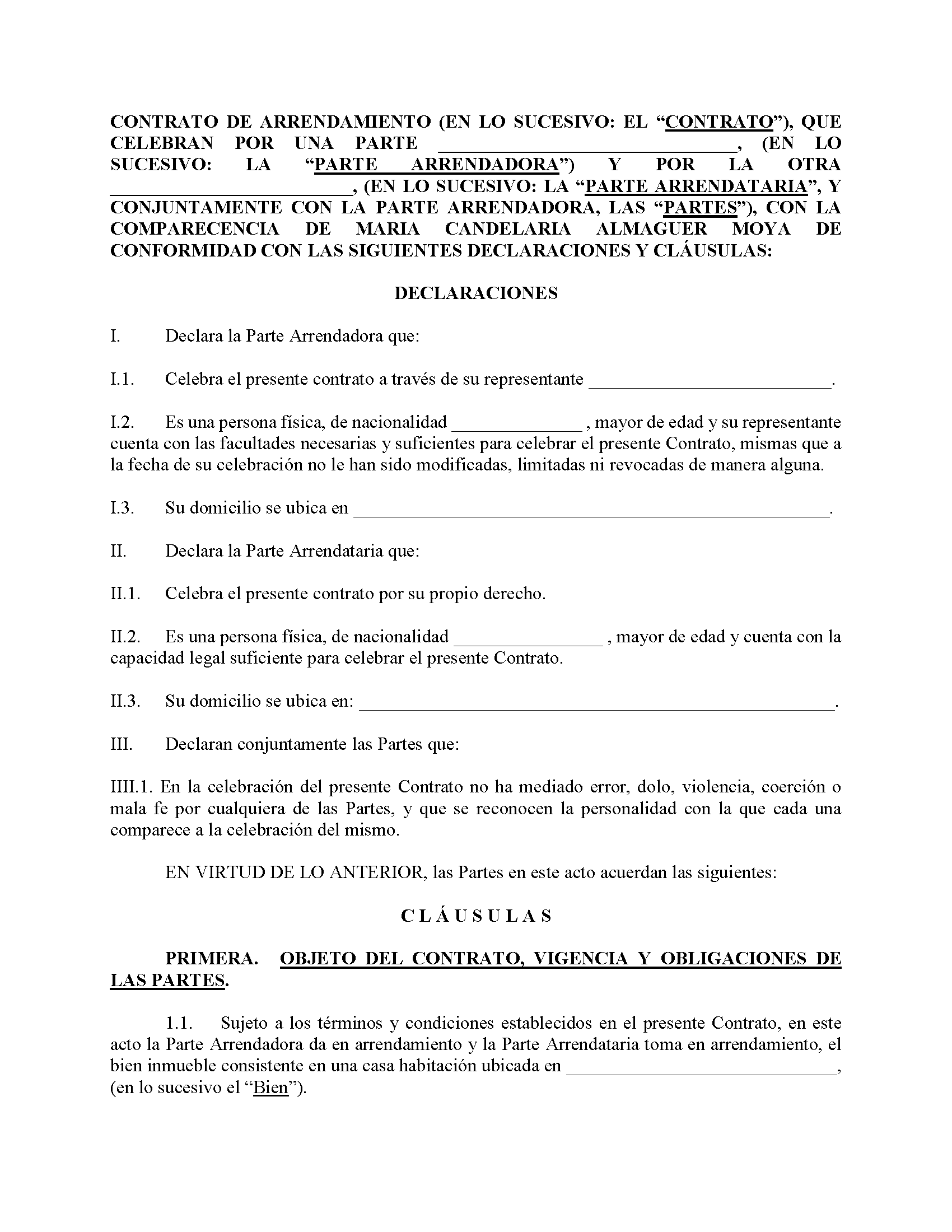 Contrato de renta de cuarto