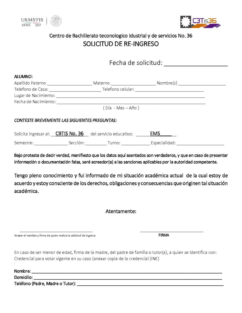 Solicitud ingreso a bachillerato