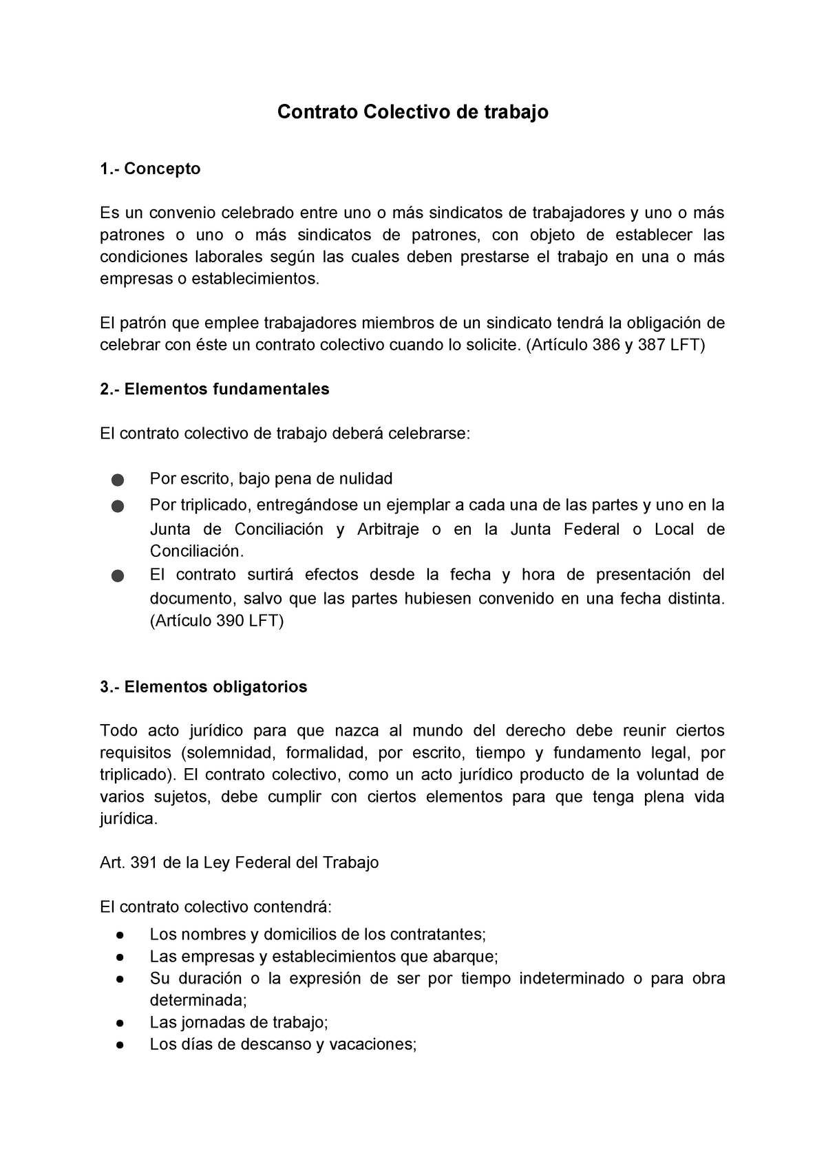 Contrato colectivo de trabajo segun la ley federal del trabajo