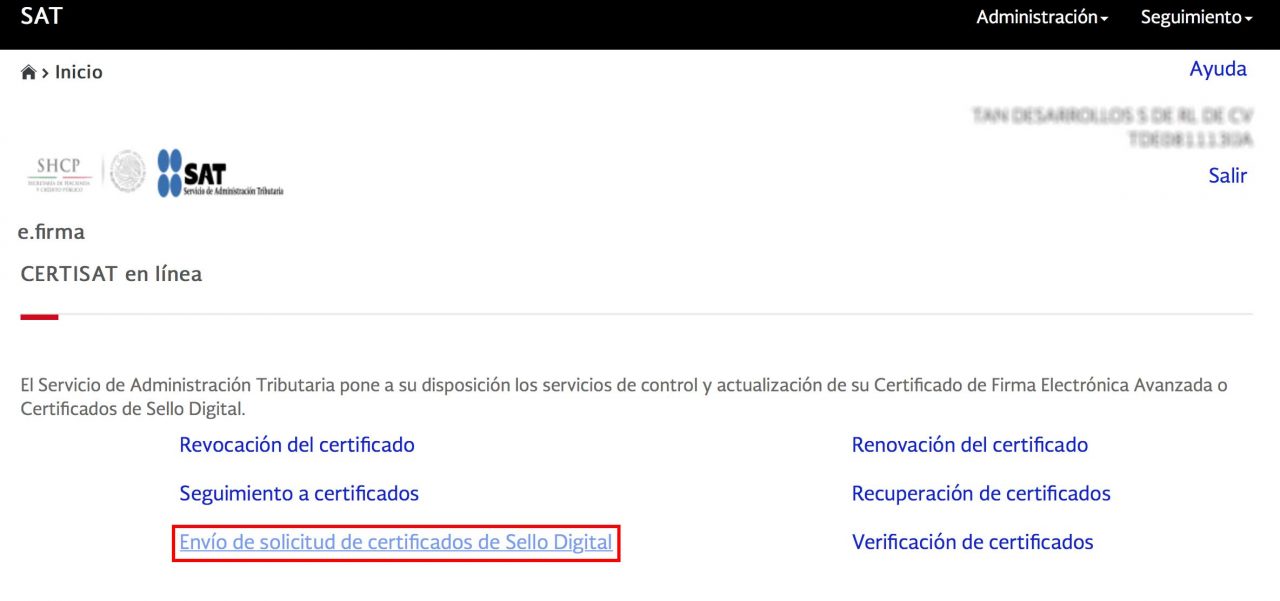 Envío de solicitud de certificados de sello digital