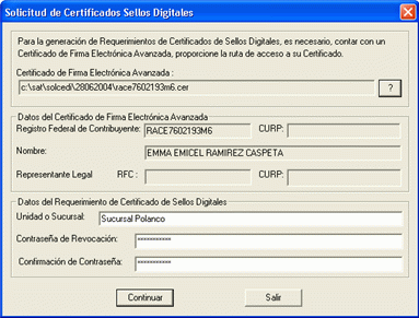 Solicitud de certificado de sello digital