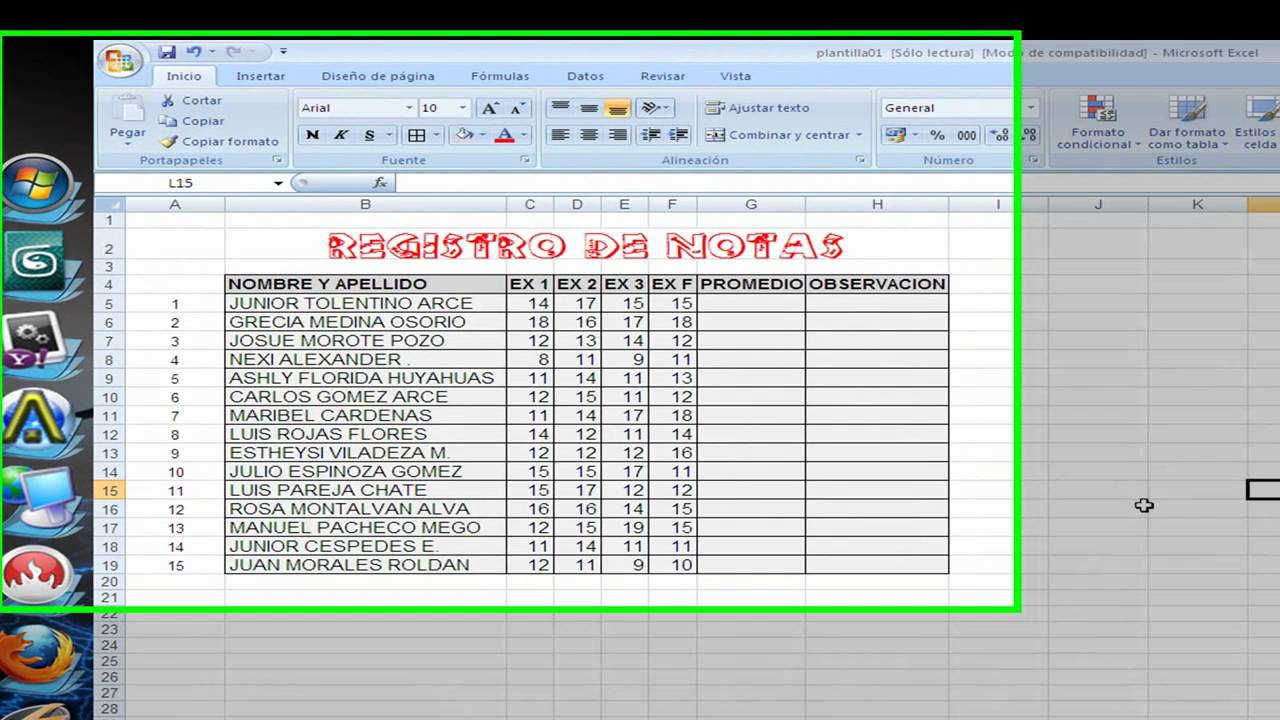 Registro de calificaciones en excel