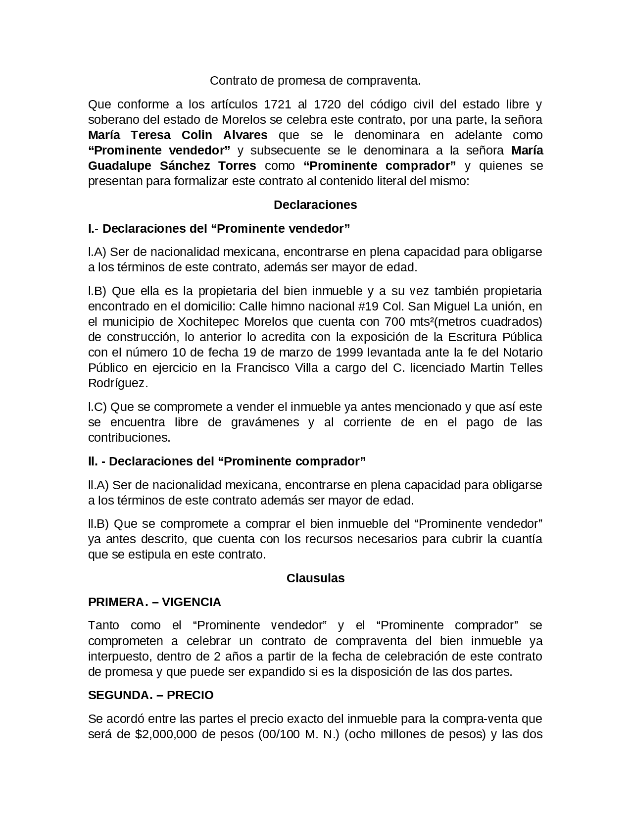 Contrato de promesa codigo civil