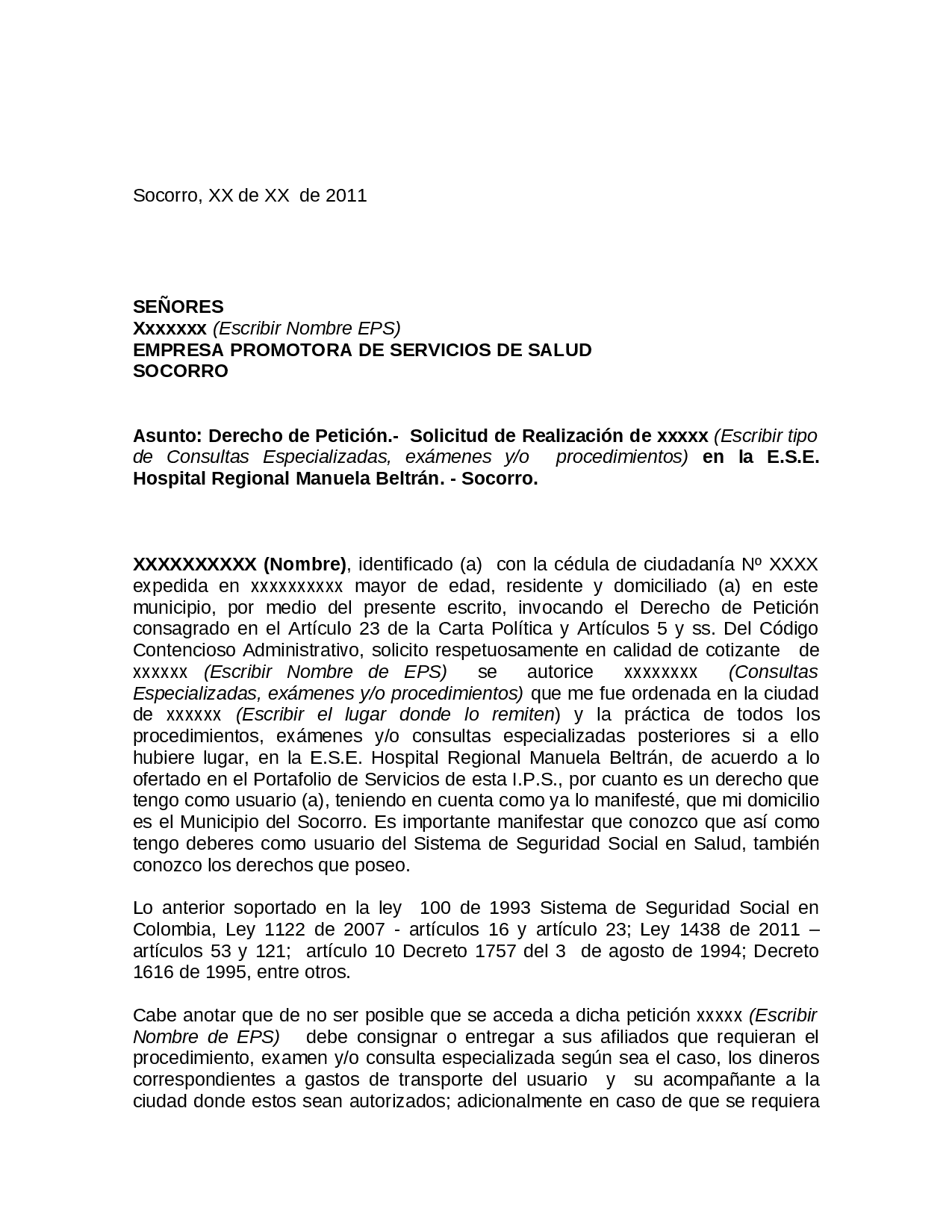 Modelo de derecho de peticion en salud