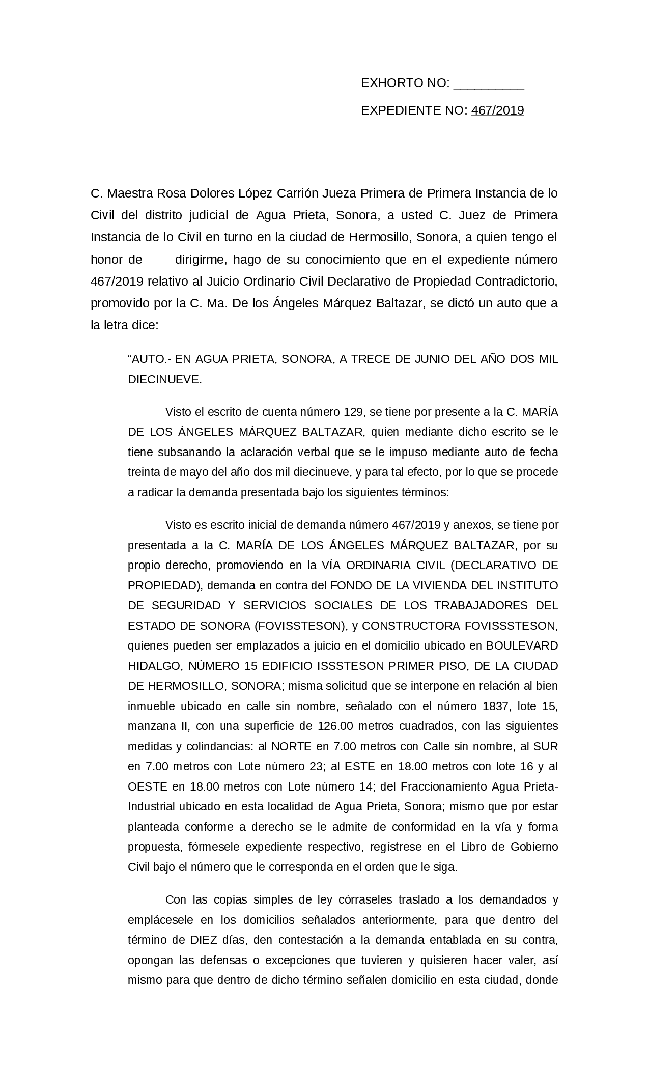Solicitar exhorto para emplazar
