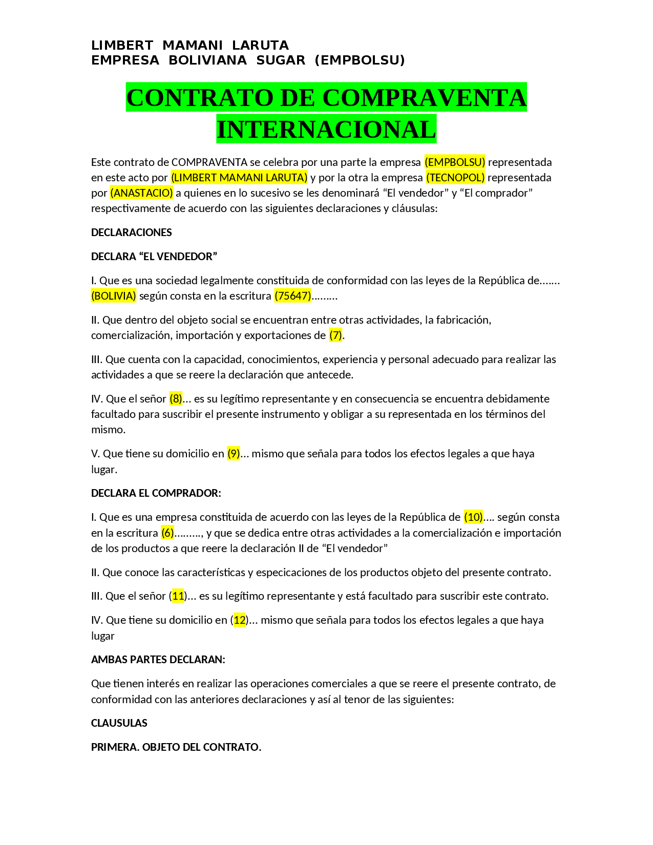 Que son las declaraciones en un contrato