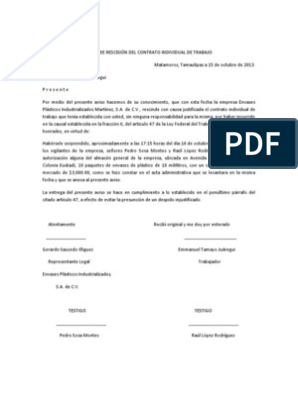 Ley federal del trabajo rescisión de contrato