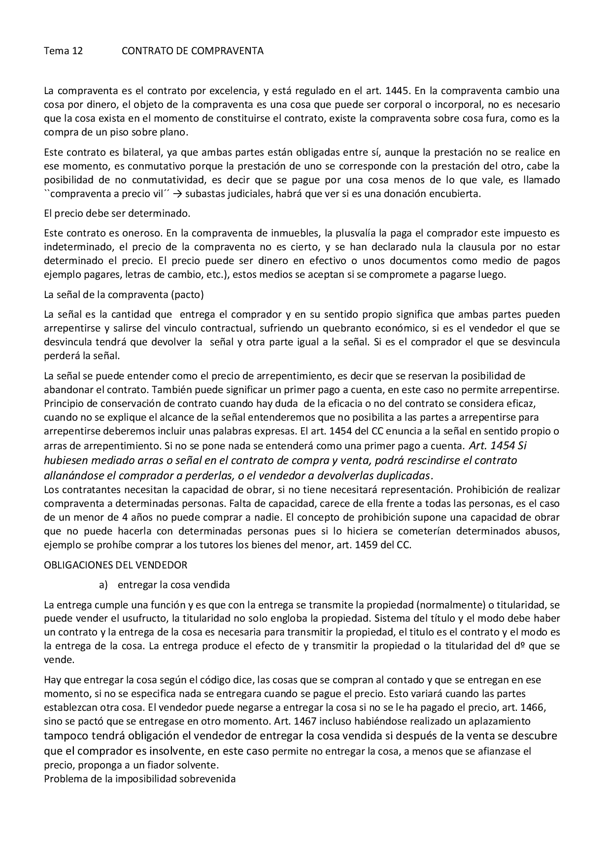 Derechos y obligaciones del contrato de compraventa