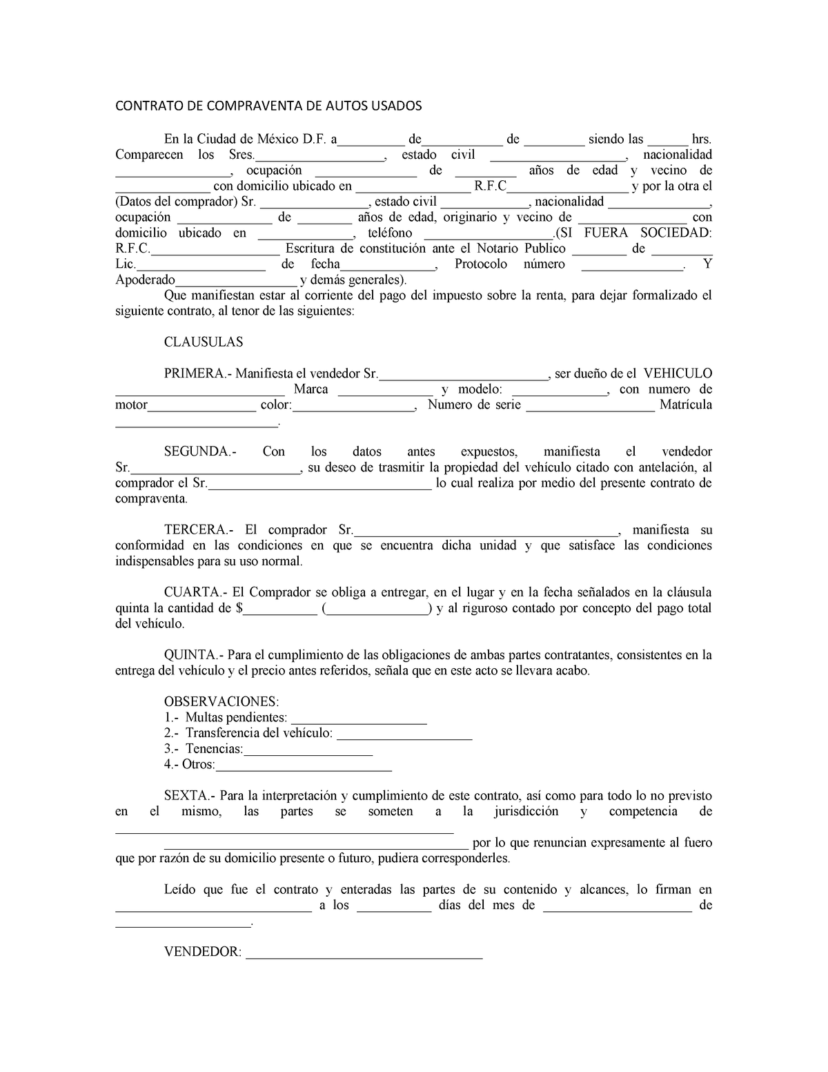 Contrato de compraventa de automovil