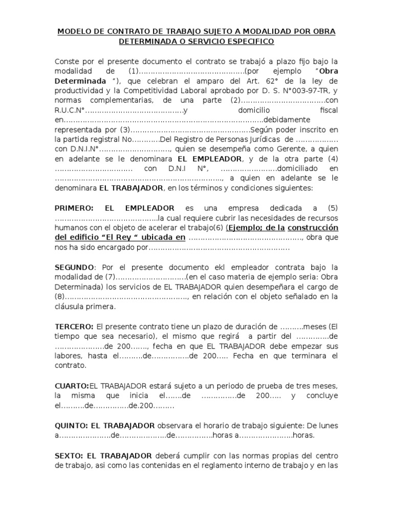 Modelo de contrato de obra determinada