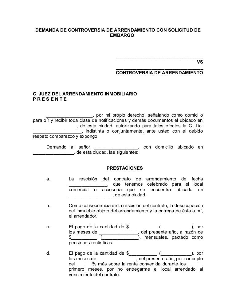 Formato de demanda por incumplimiento de contrato
