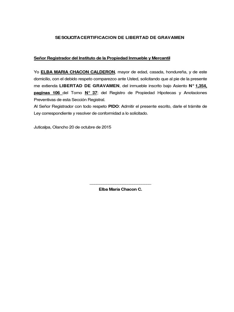 Solicitud de libertad de gravamen