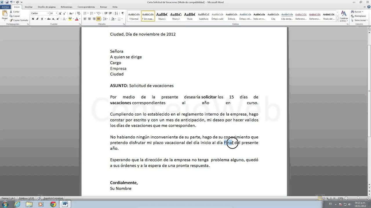 Formato solicitud de vacaciones