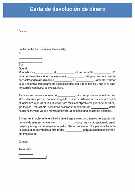 Carta de solicitud de devolucion de dinero