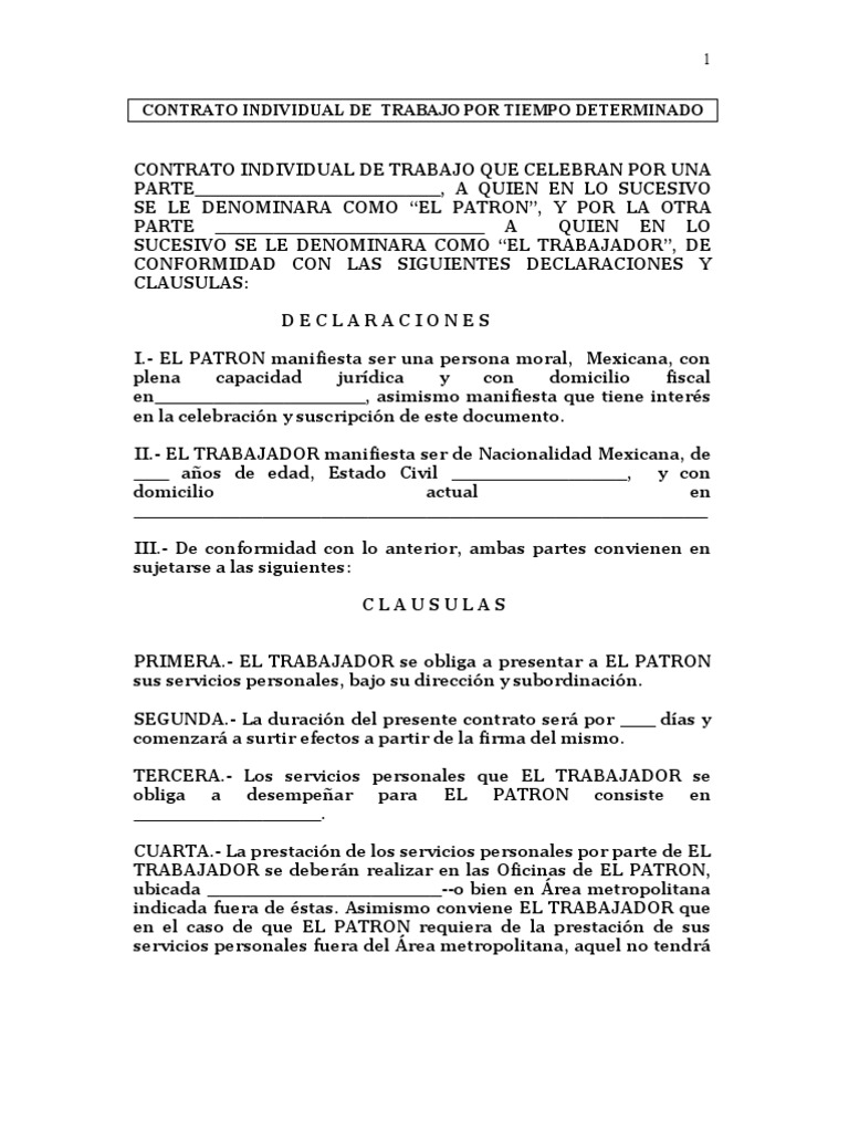Machote de contrato individual de trabajo