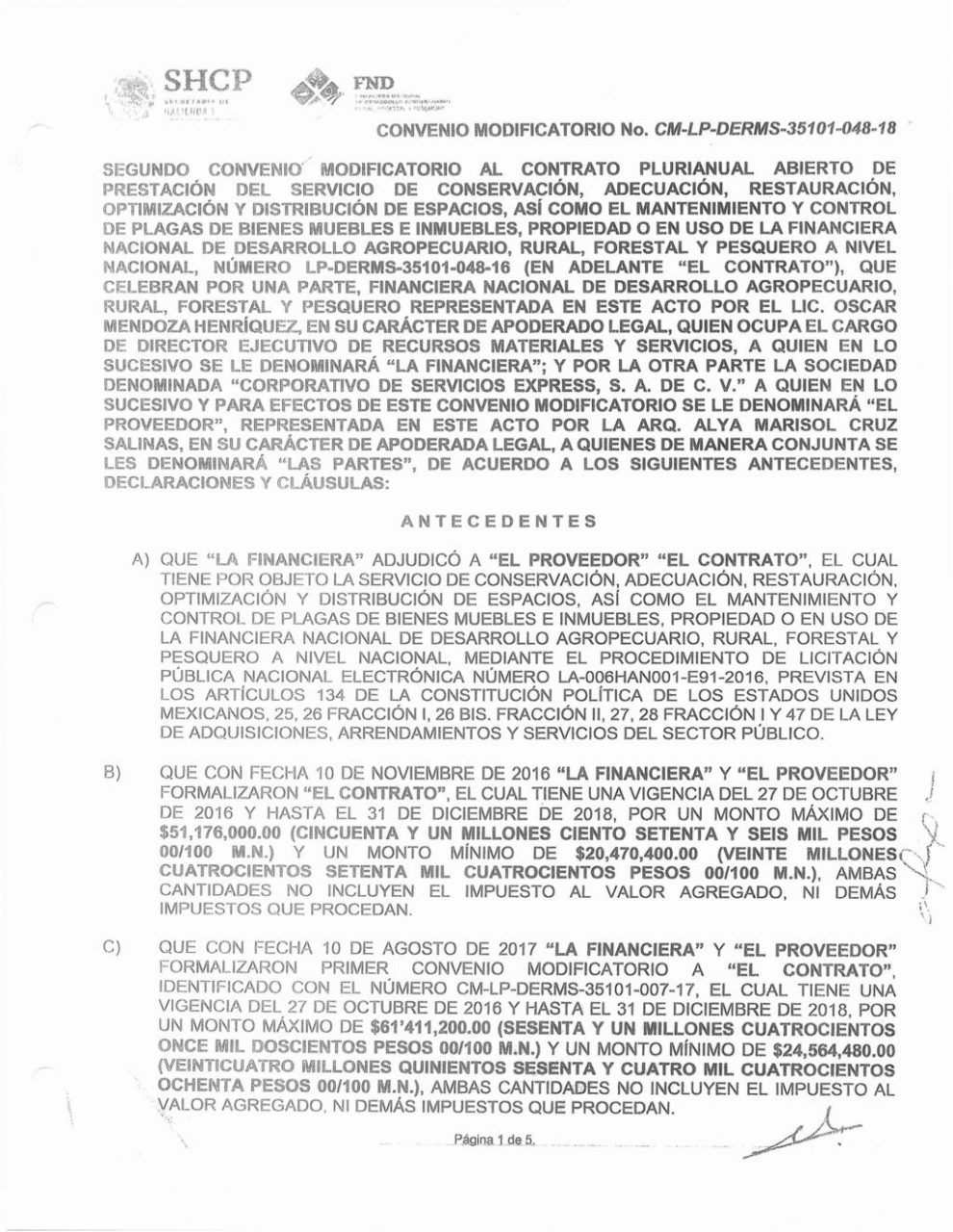 Convenio modificatorio al contrato de arrendamiento