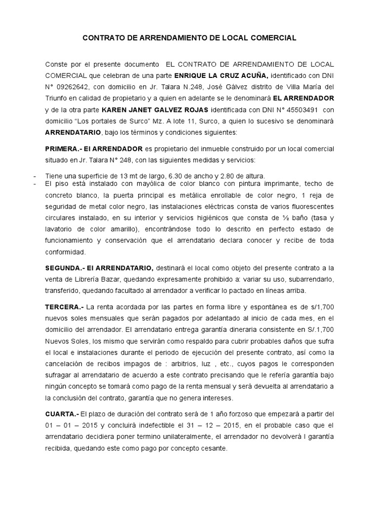Formato de contrato de renta de local