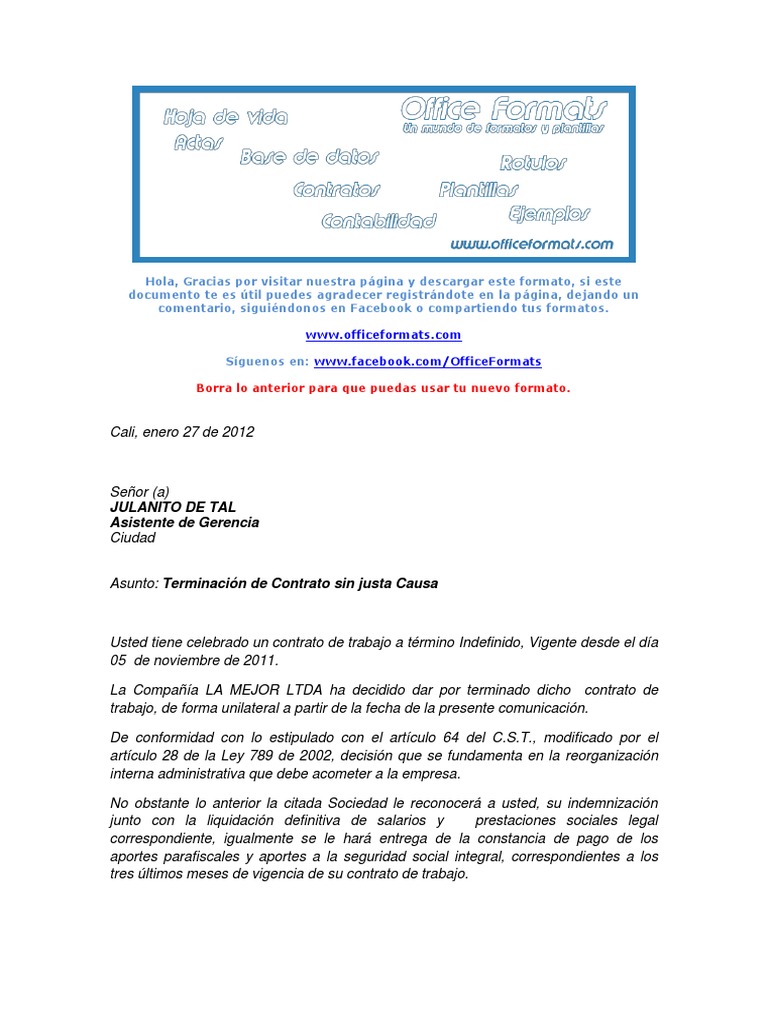 Carta de terminacion de contrato laboral