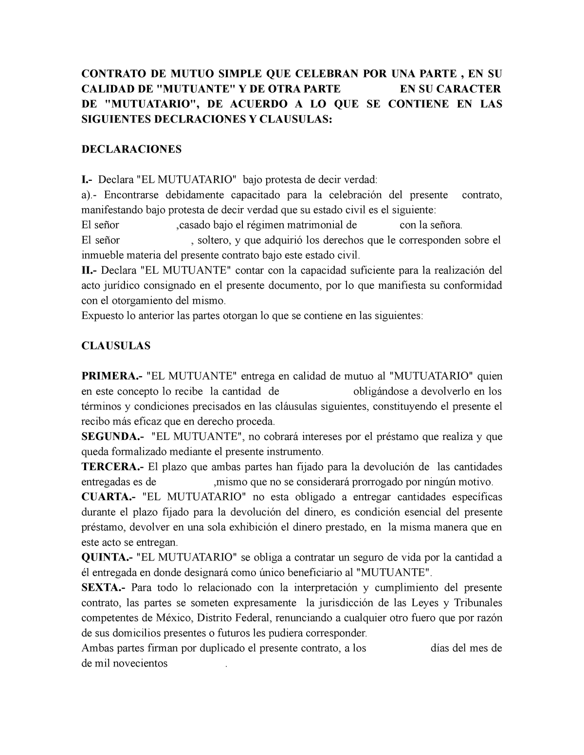 Contrato de mutuo con interes formato