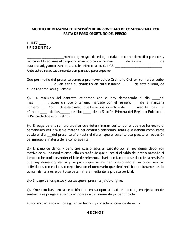 Demanda de rescisión de contrato de compraventa