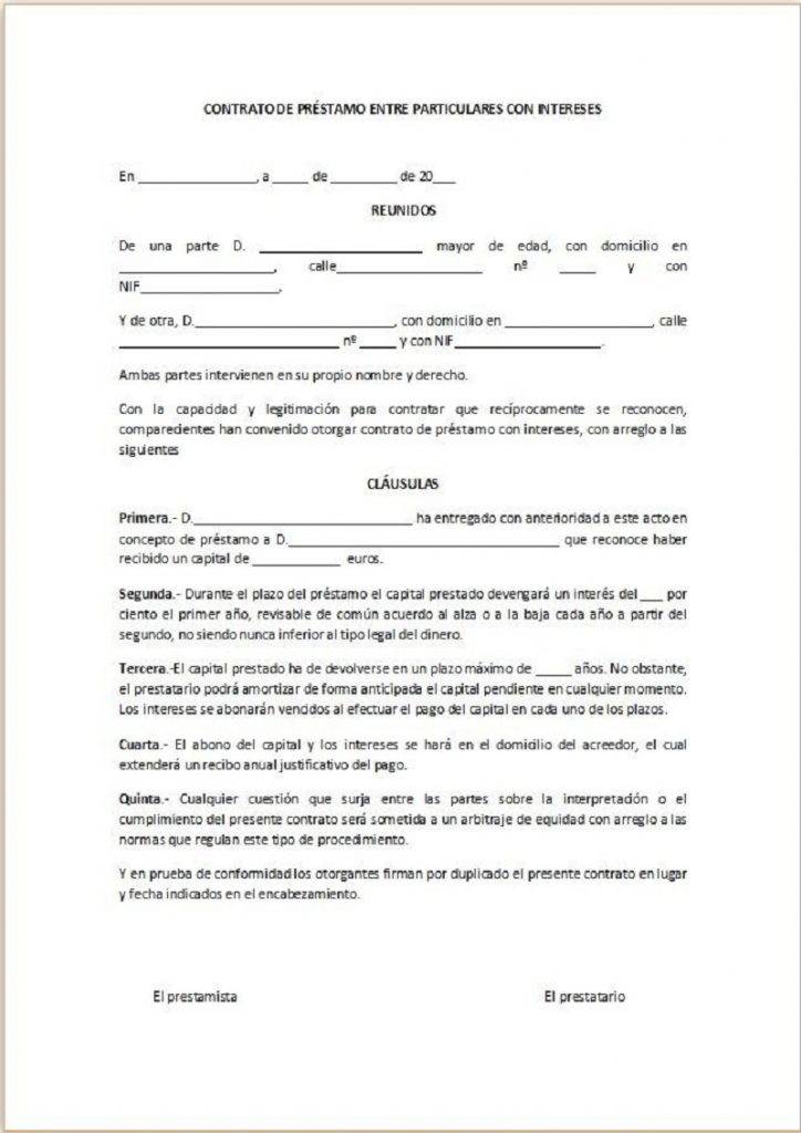 Contrato de prestamo con intereses