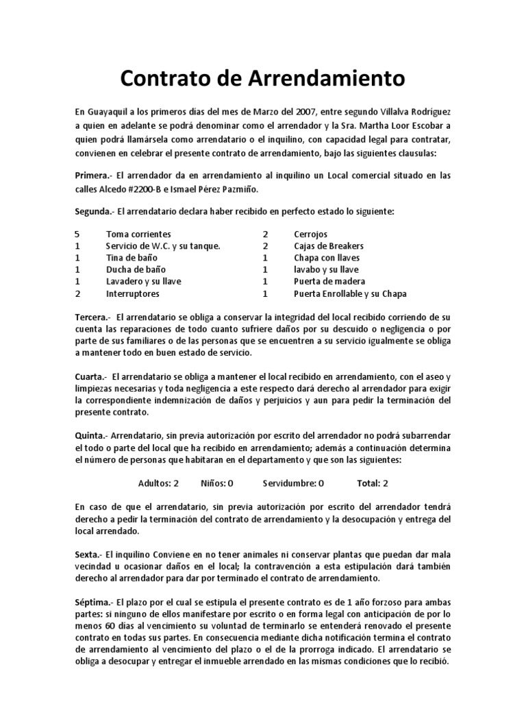 Minuta de contrato de arrendamiento