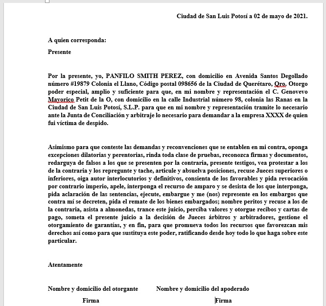 Carta poder para tramite vehicular