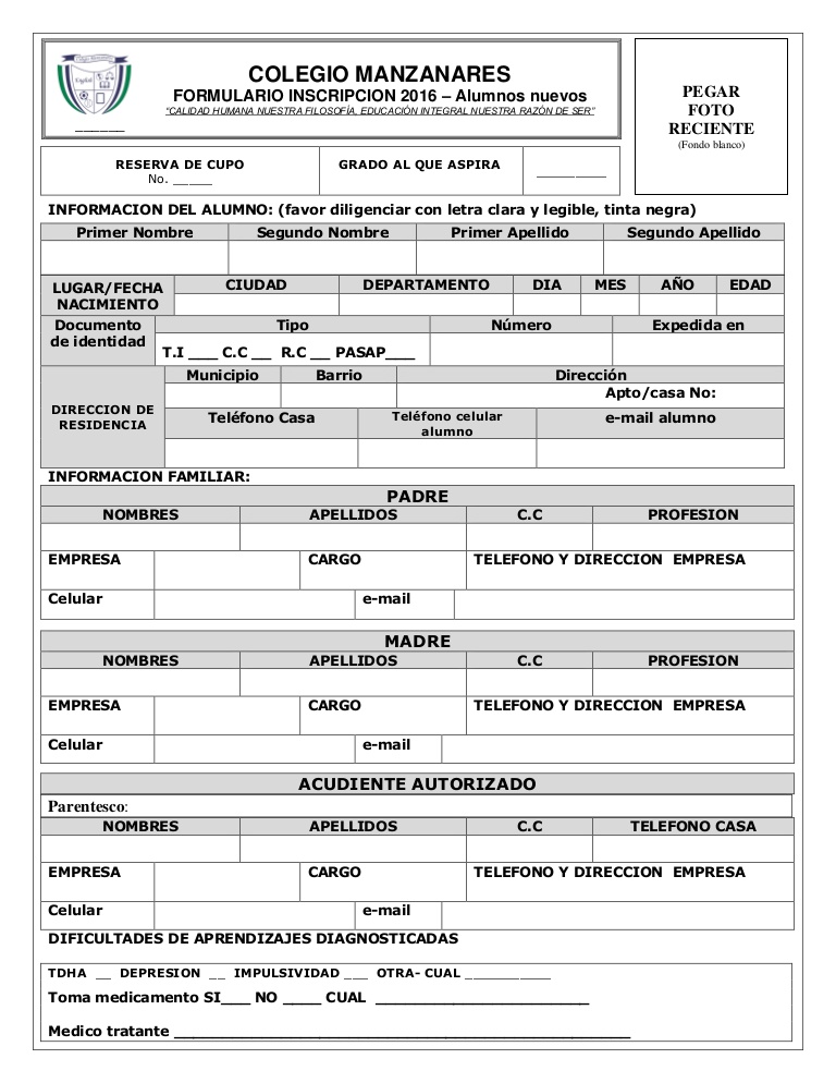 Formulario de inscripcion a una escuela