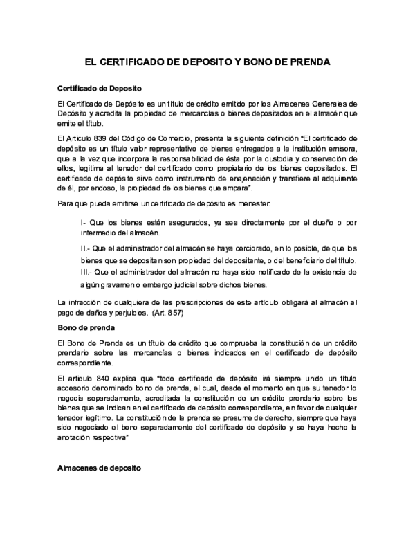 Certificado de deposito y bono de prenda ejemplo