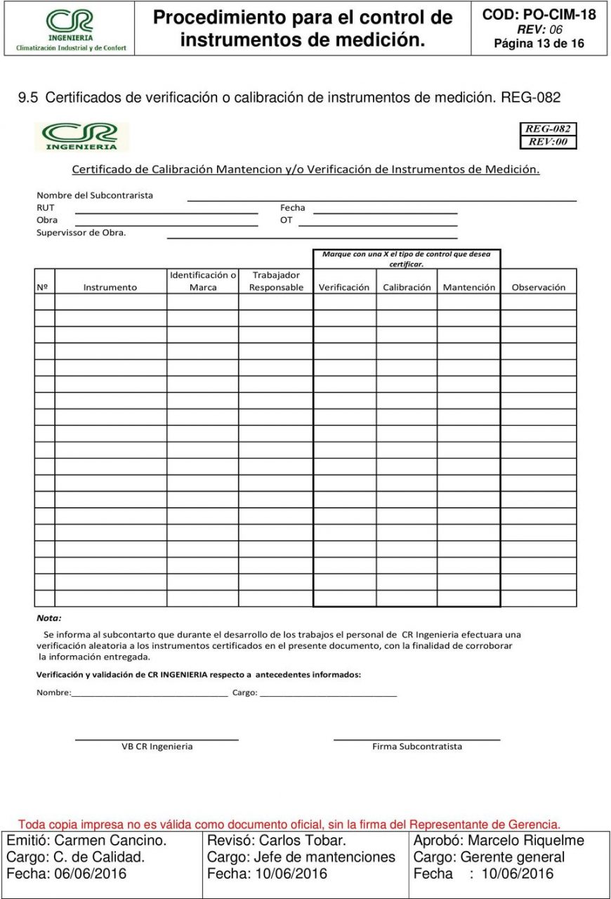 Solicitud de verificación para ajuste por calibración de instrumentos de medición