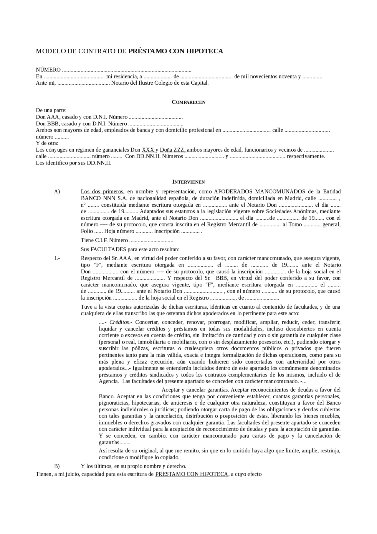 Modelo de contrato de hipoteca