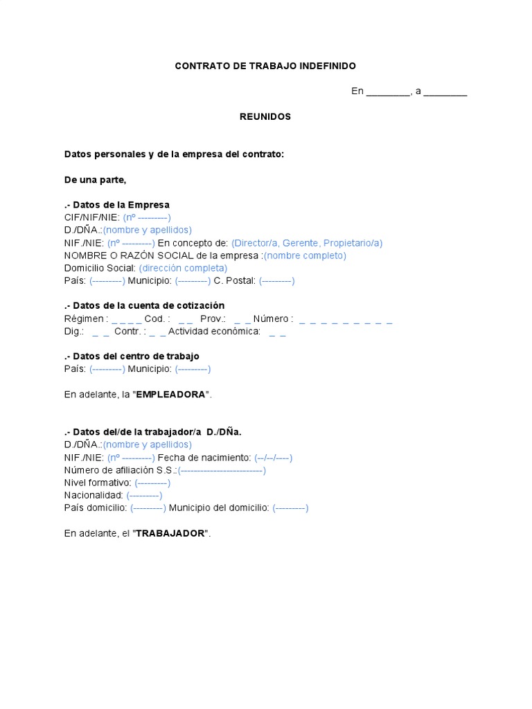 Modelo de contrato de trabajo indefinido en word