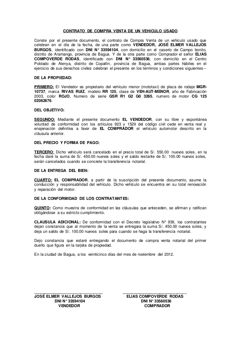 Contrato de compraventa vehicular