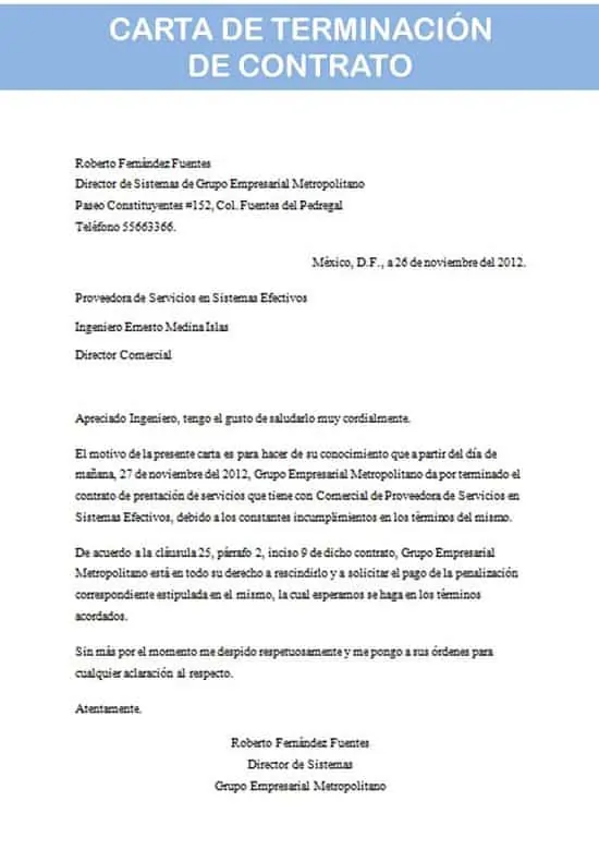 Rescisión de contrato laboral ejemplo
