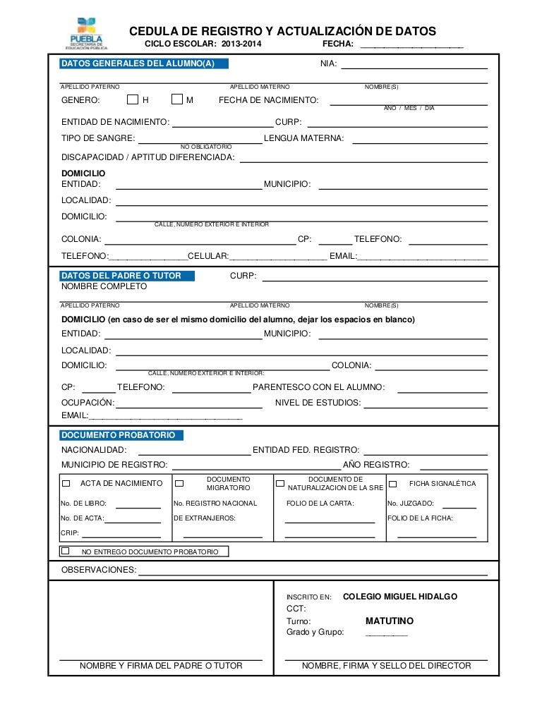 Cedula de registro y actualizacion de datos para llenar