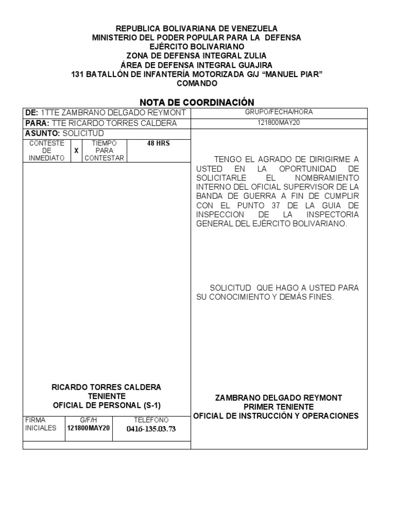 Oficio de solicitud de banda de guerra