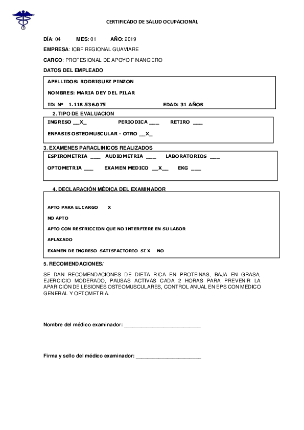 Certificado medico ejemplo