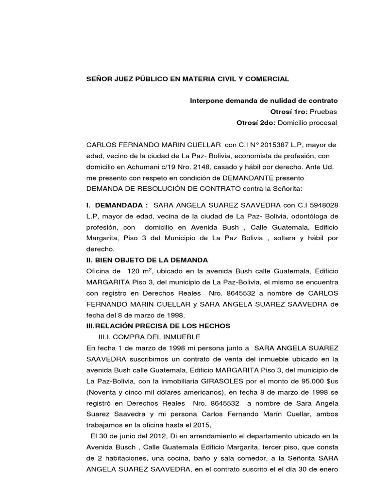 Demanda de nulidad de contrato