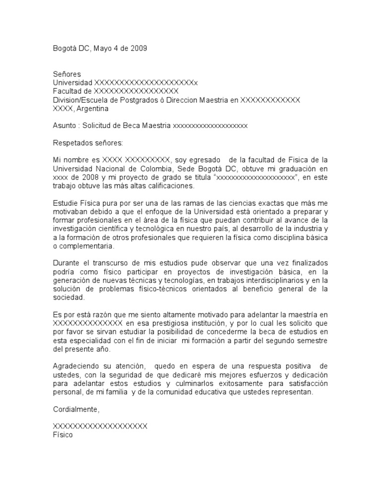 Modelo de solicitud para beca de estudios