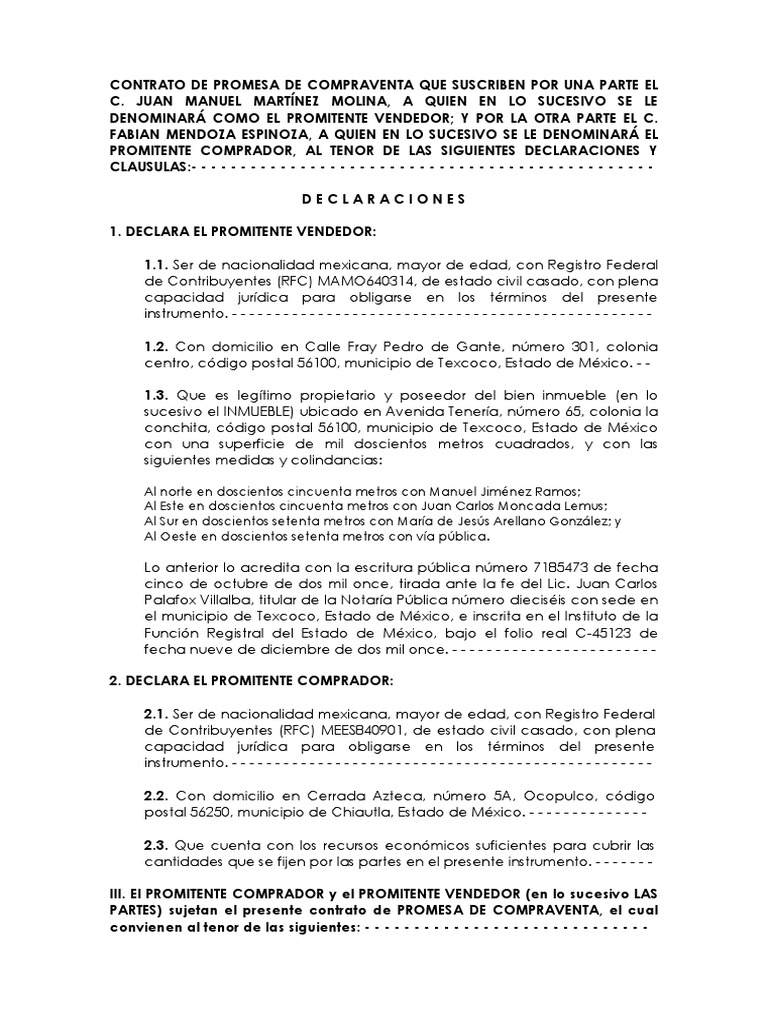 Contrato de promesa codigo civil mexicano
