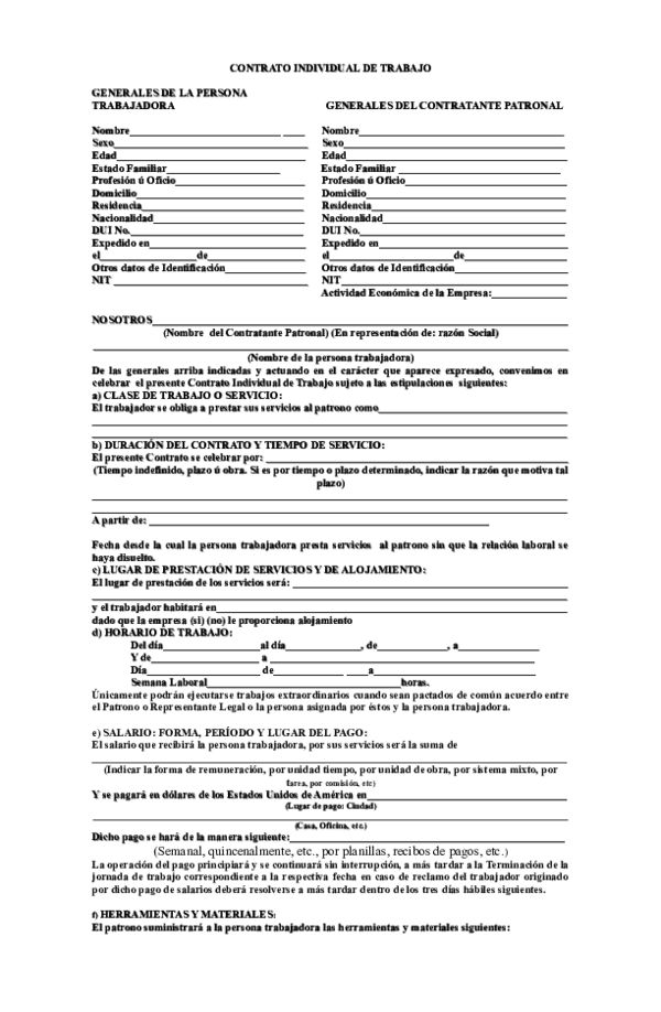 Formato de contrato de trabajo