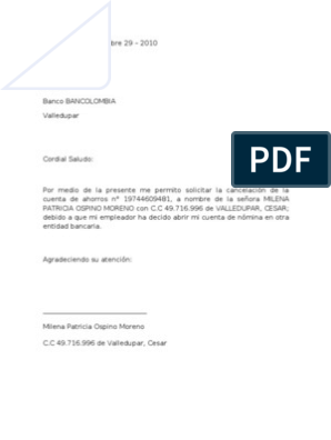 Modelo carta cancelacion cuenta bancaria