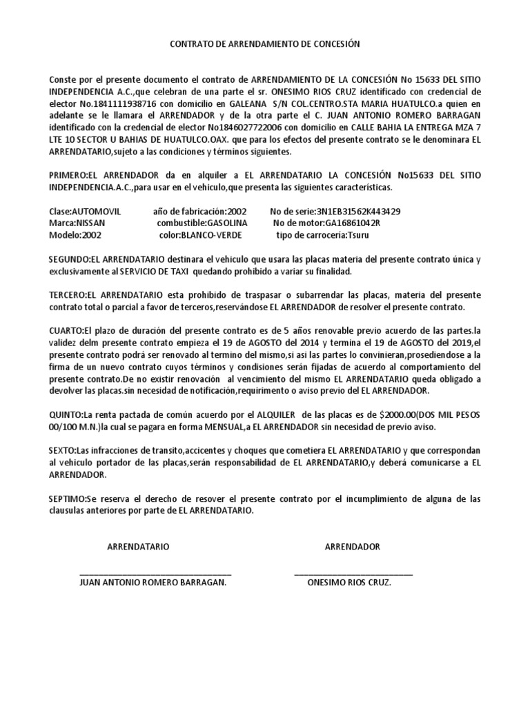 Contrato de arrendamiento de taxi